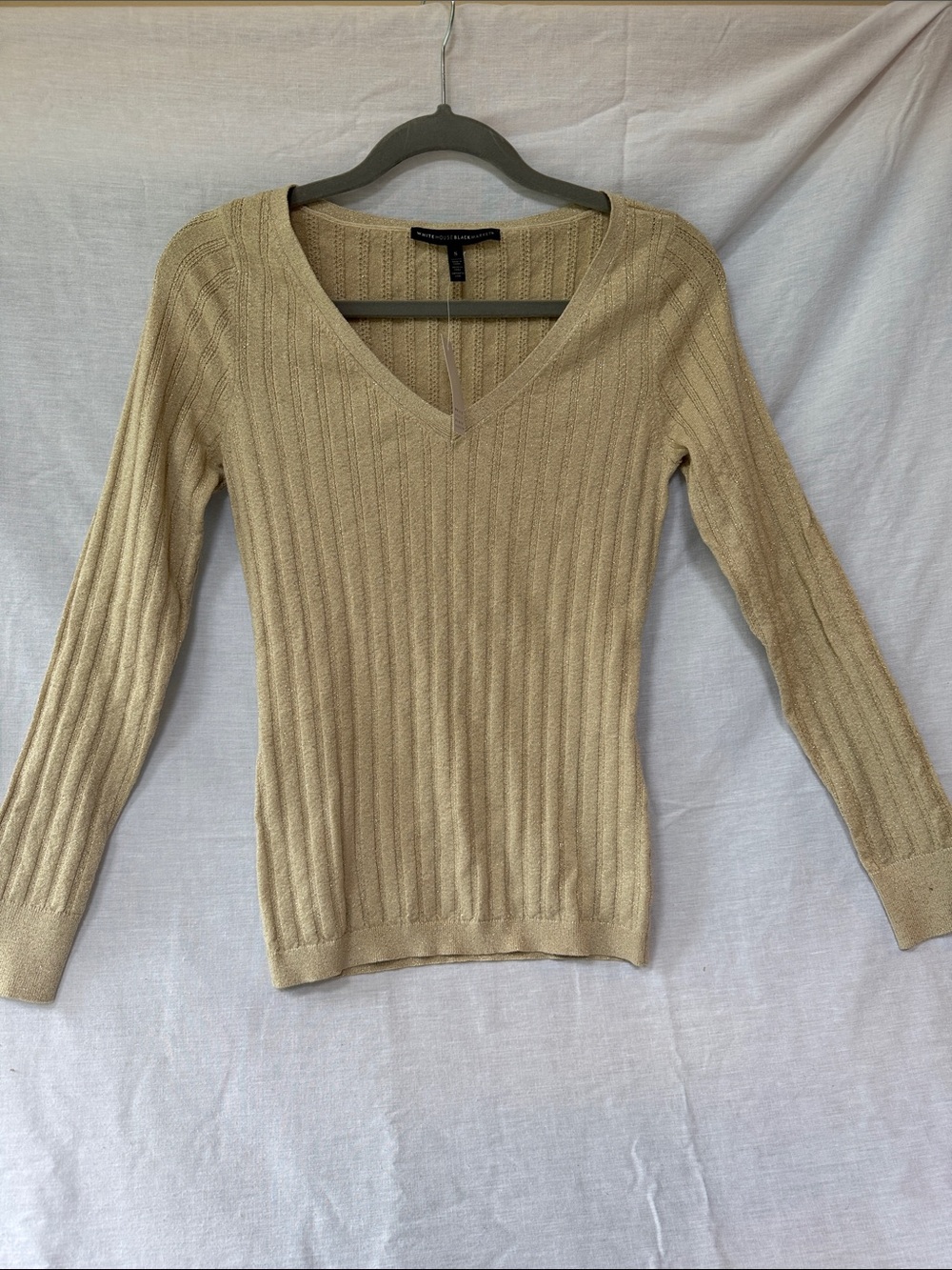 White House Black Market Ribbed V-Neck Sweater - Beige